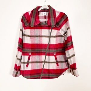 Cabi Red, Brown, & White Fuzzy Plaid Asymmetrical Zip Up Shelter Jacket